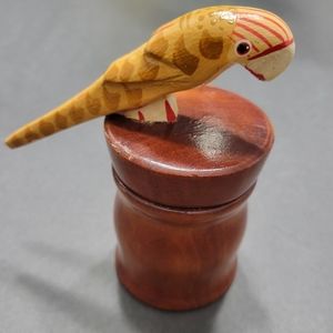 Carved Parrot Wooden Container Painted Jar Decor with Lid Ring Box